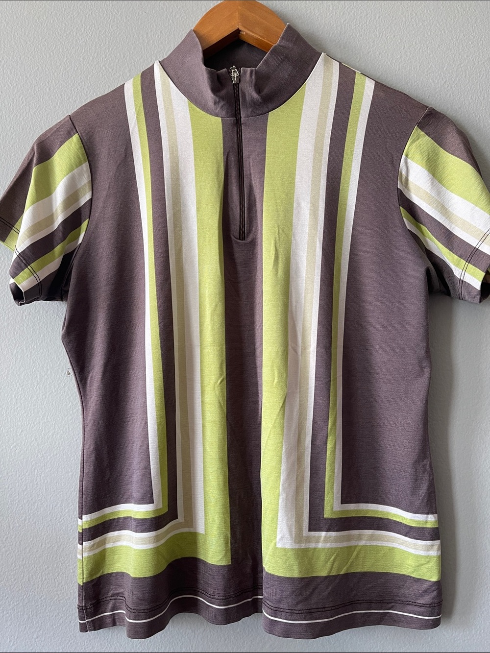 Striped Short Sleeve Zip-Neck Polo Top in Brown and Lime European